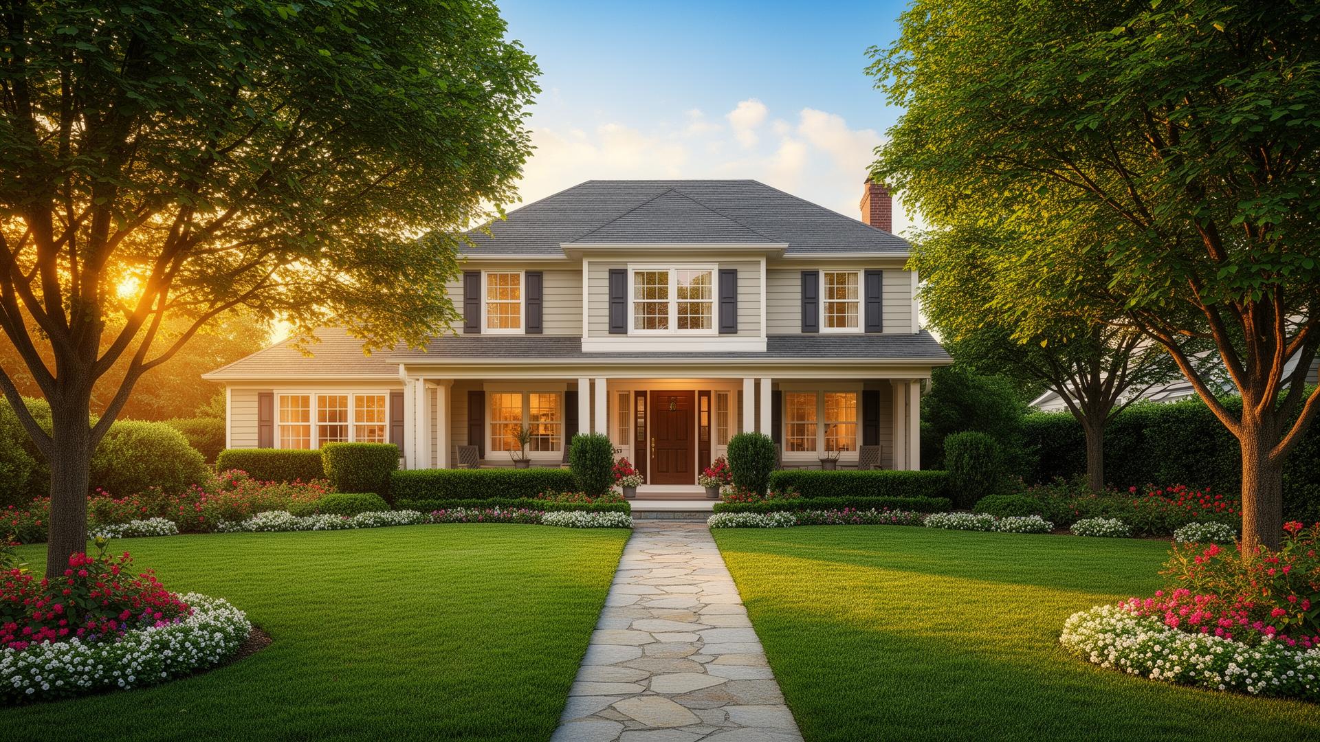 Beautiful well-maintained suburban two-story home with lush landscaping at golden hour